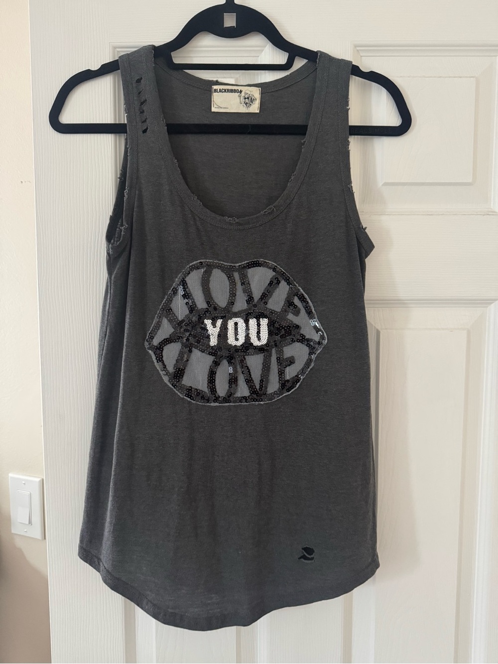 NWOT Distressed Tank Top with Black Sequin 'Love You' Graphic, Size Small